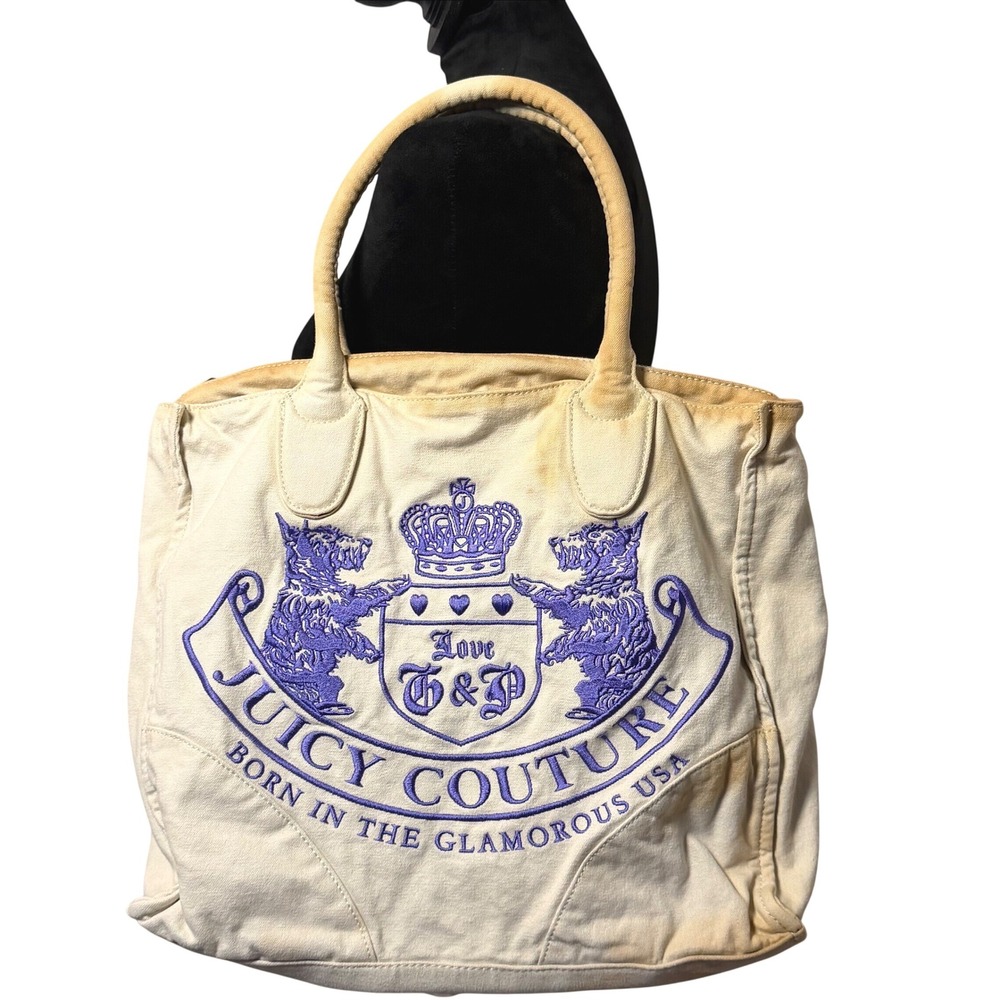 VTG Juicy Couture 2000s Cargo Bag Purple Embroidered Y2K Large Tote (read)